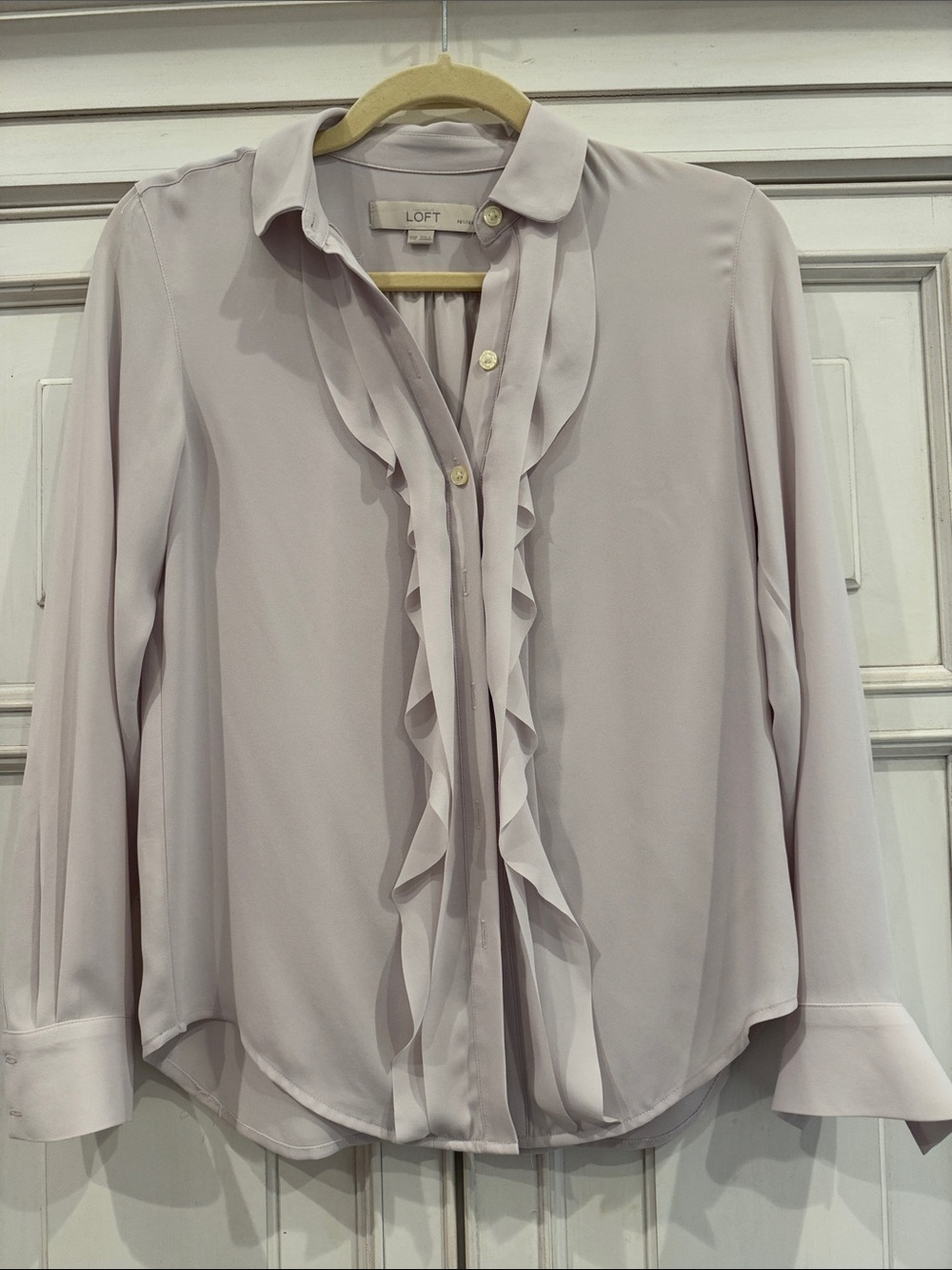 LOFT Pale Light Taupe Ruffle-Front Long Sleeve Blouse